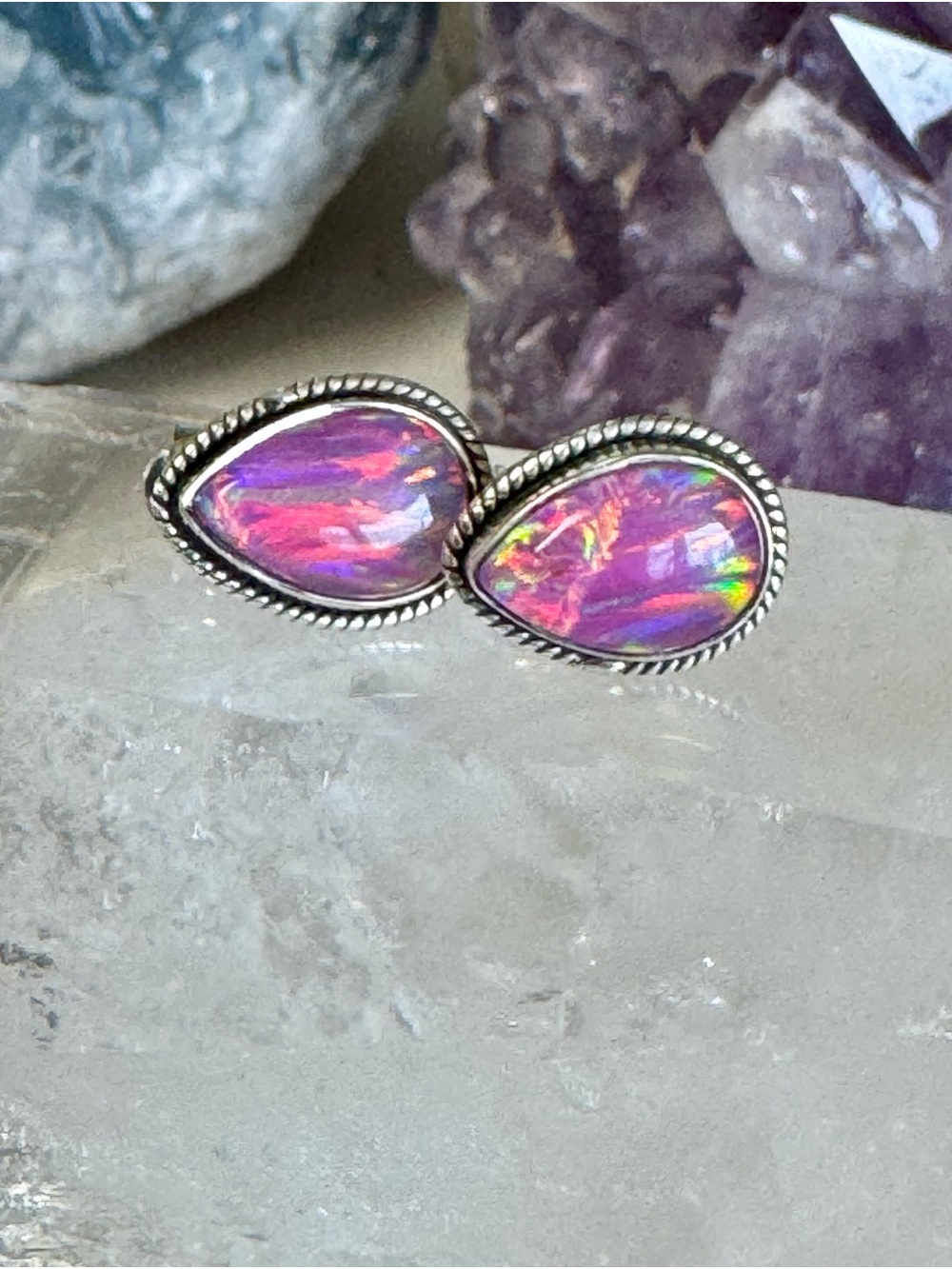 Aurora Opal Pink Teardrop Sterling Silver Stud Earrings - Handcrafted Southwest
